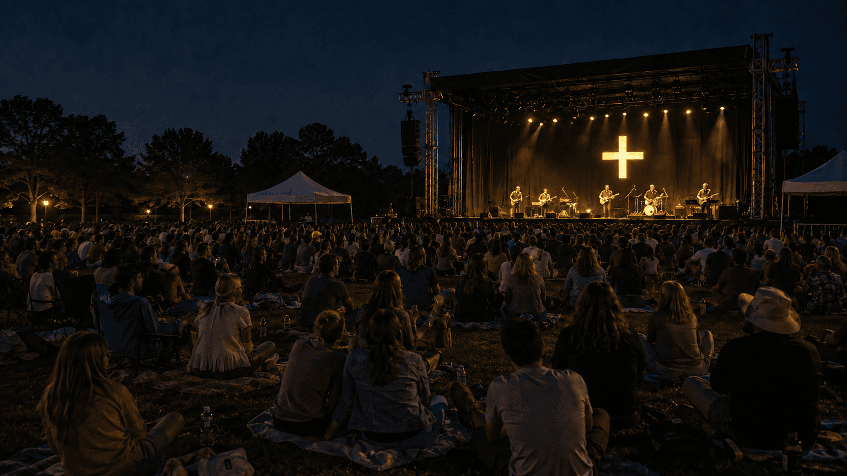 Crowd gathered on the lawn before an outdoor Christian concert stage at night