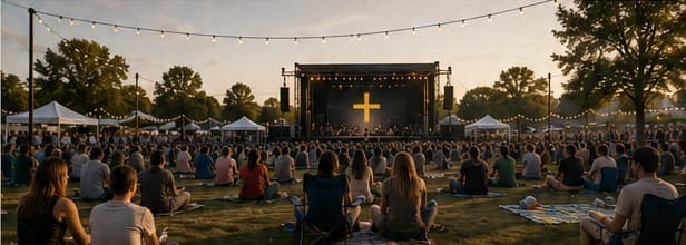 Outdoor music festival at sunset with a modest stage and glowing plus symbol