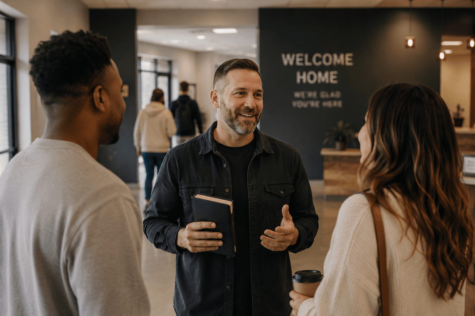 Church leader talking with people in a church lobby.