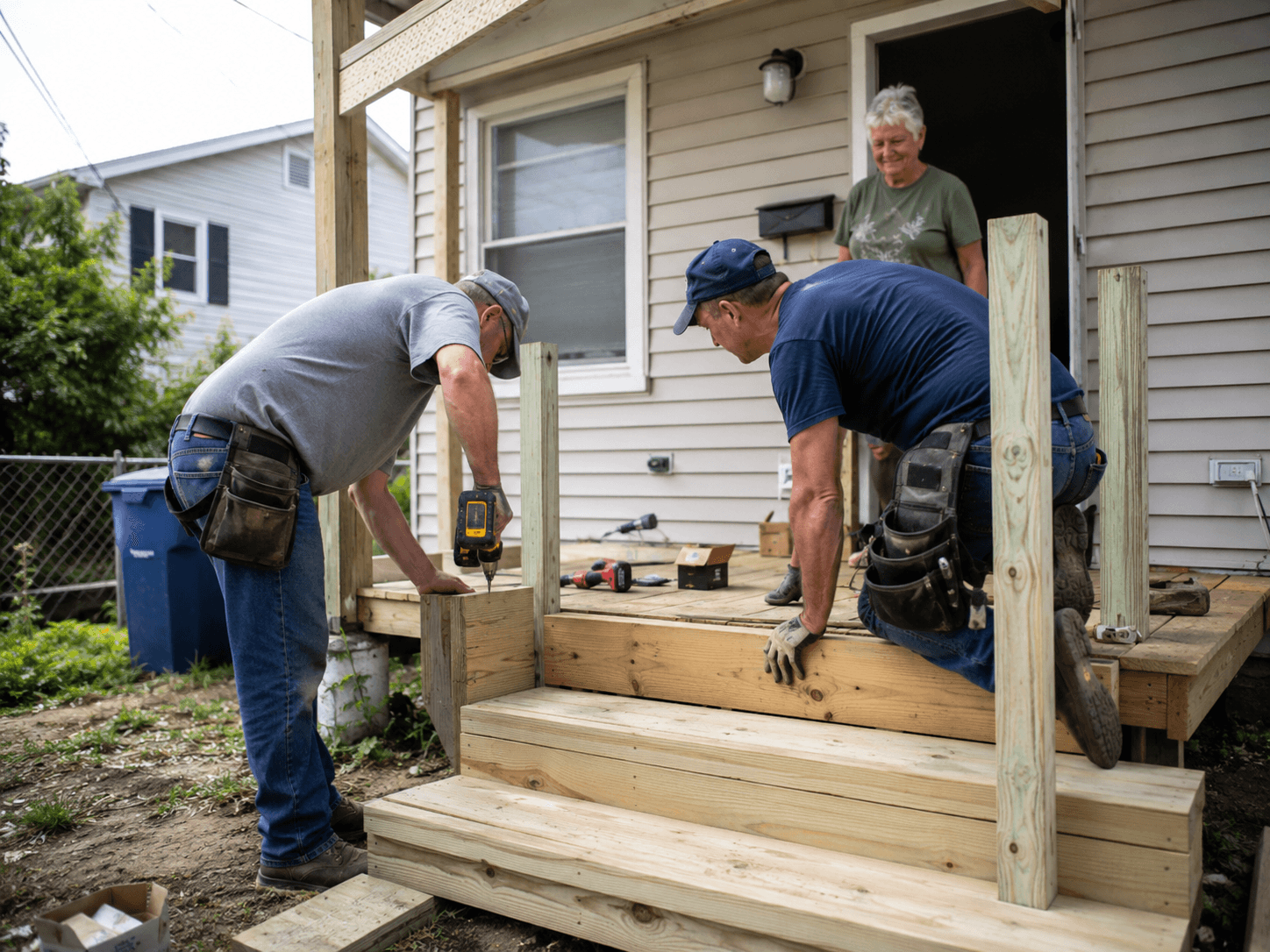 Volunteers rebuilding porch steps for a homeowner in the community.