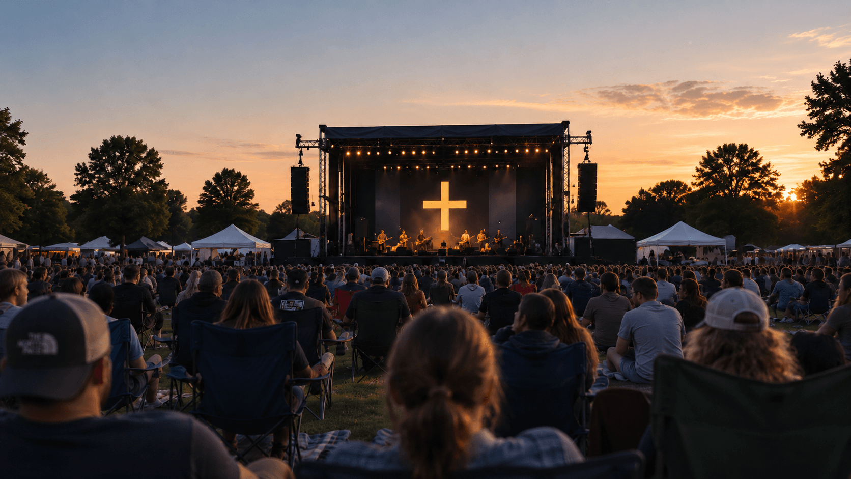 A crowd gathered at sunset for an outdoor concert with a golden cross on stage