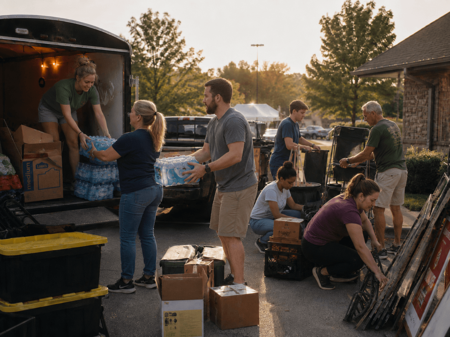 Volunteers unloading donated supplies and festival resources.
